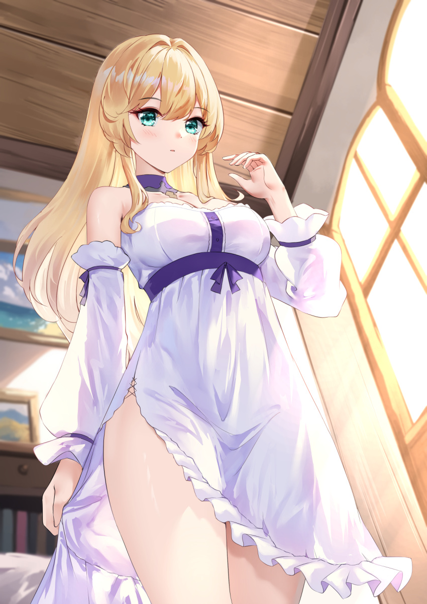 blonde_hair blue_eyes blush breasts chahei cleavage day detached_sleeves dress female frilled_dress frills from_below hair_between_eyes highres indoors long_hair long_sleeves medium_breasts original parted_lips puffy_long_sleeves puffy_sleeves solo standing sunlight very_long_hair white_dress white_sleeves window