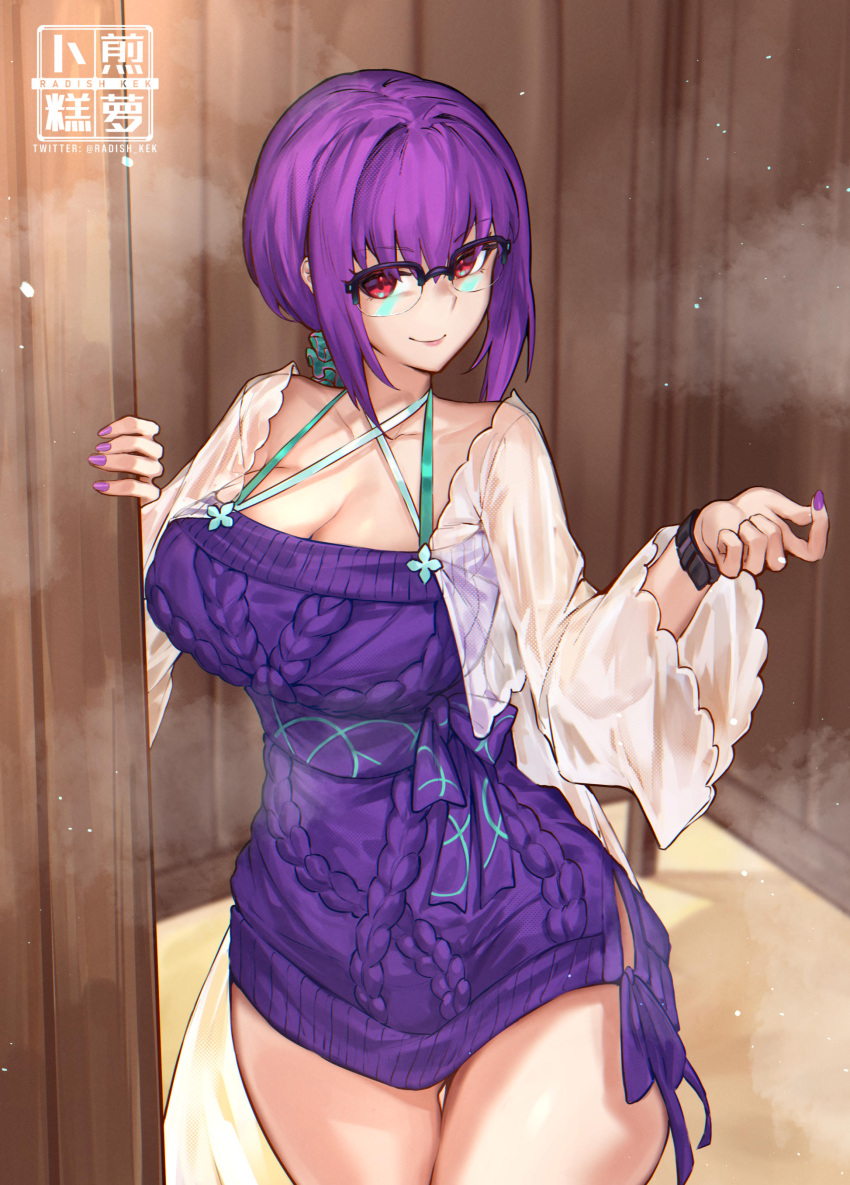 absurdres breasts cleavage collarbone dress fate/grand_order fate_(series) female glasses hair_ornament hair_scrunchie highres large_breasts long_hair long_sleeves looking_at_viewer ponytail purple_dress purple_hair radishkek red_eyes scathach_(fate) scathach_skadi_(fate) scathach_skadi_(swimsuit_ruler)_(fate) scathach_skadi_(swimsuit_ruler)_(second_ascension)_(fate) scrunchie see-through see-through_sleeves smile solo sweater sweater_dress thighs