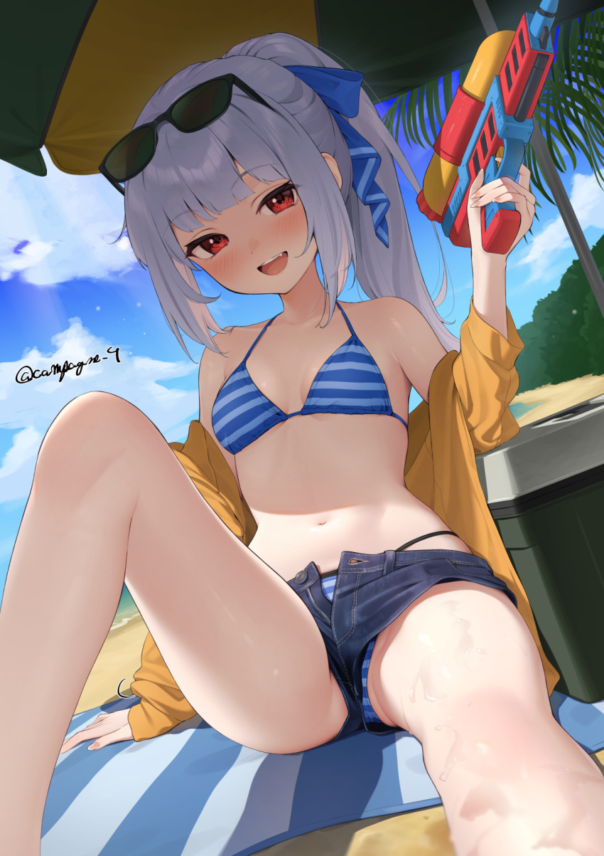 :d arm_up bare_legs beach beach_towel beach_umbrella bikini blue_bikini blue_shorts blunt_bangs blush breasts clothing_aside cloud cloudy_sky commentary_request cooler day denim denim_shorts dutch_angle eyewear_on_head feet_out_of_frame female foreshortening highres holding holding_water_gun jacket kanpa_(campagne_9) left-handed long_hair looking_at_viewer micro_shorts navel oerba_yun_fang open_clothes open_fly open_jacket open_mouth open_shorts original outdoors ponytail red_eyes revision short_shorts shorts shorts_aside sidelocks sitting sky sleeves_past_wrists small_breasts smile solo striped_bikini striped_clothes sunglasses swimsuit thighs towel twitter_username umbrella water_gun white_hair yellow_jacket