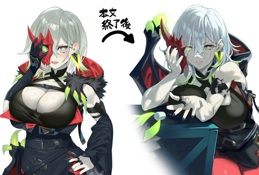 alternate_breast_size breasts cleavage colored_tips detached_sleeves diabellstar_the_black_witch duel_monster female gloves green_eyes green_hair grey_hair half_mask hand_on_own_hip hood large_breasts mask medium_hair multicolored_hair pale_skin red_mask single_glove single_sleeve yappen yu-gi-oh!