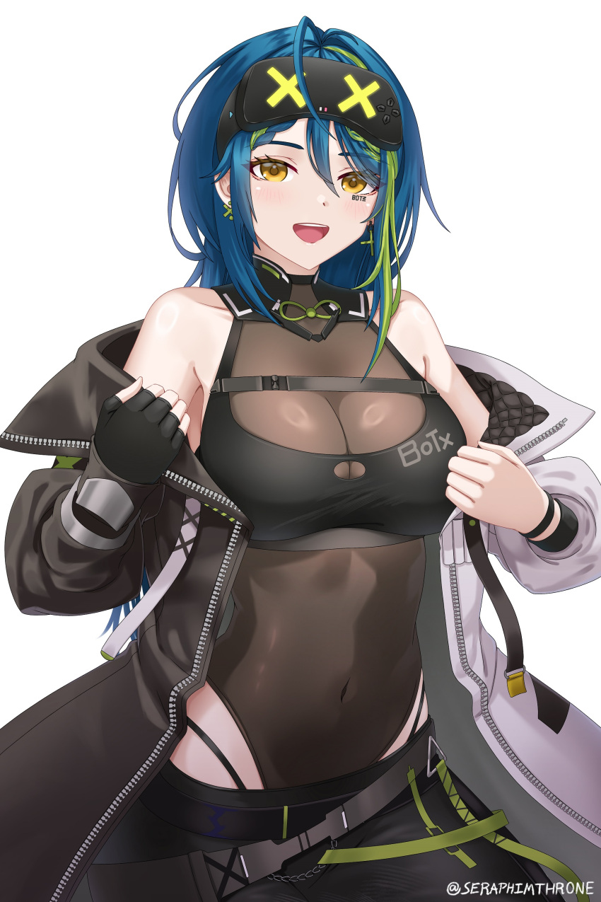 absurdres ahoge aotsuki_remia artist_name bare_shoulders belt black_belt black_bustier black_coat black_collar black_gloves black_skirt blue_hair breasts brown_leotard chest_strap cleavage clothes_writing coat collar covered_navel earrings facial_tattoo female fingerless_gloves gloves goggles goggles_on_head green_belt green_hair highleg highleg_leotard highleg_panties highres jewelry leotard leotard_under_clothes long_hair long_sleeves looking_at_viewer miniskirt multicolored_coat multicolored_hair off_shoulder panties panty_straps see-through see-through_cleavage see-through_leotard seraphim_throne simple_background single_glove skirt smile solo streaked_hair string_panties tattoo text_tattoo two-tone_coat underwear virtual_youtuber vspo! vspo!_en white_background white_coat yellow_eyes zipper