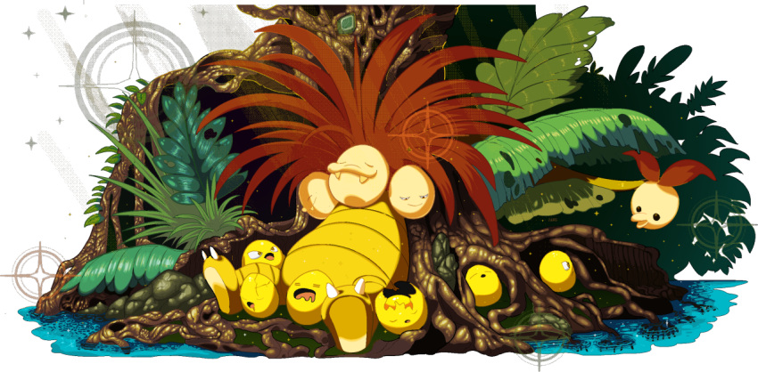 2024 2_toes 3_heads alolan_exeggutor alolan_form alpha_channel ambiguous_gender armless between_legs bodily_fluids claws closed_eyes colored cracked_head cracks dot_eyes drooling exeggcute exeggutor fangs feet feral forest forest_background generation_1_pokemon generation_7_pokemon group hiding leaf leaf_hair light lighting looking_at_another lying lying_on_another lying_on_tree multi_head nature nature_background nintendo penandpapers plant plant_hair pokemon pokemon_(species) pseudo_hair regional_form_(pokemon) relaxing roots saliva shaded shiny_pokemon simple_background sleeping smile sparkles teeth toe_claws toes transparent_background tree trio tropical water white_claws yellow_body yellow_eyes