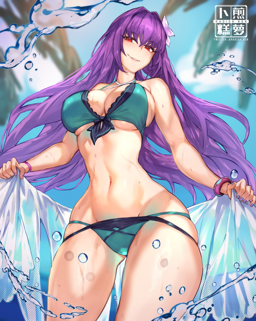 absurdres bare_shoulders bikini black_bikini bracelet breasts cleavage collarbone fate/grand_order fate_(series) female green_bikini highres jewelry large_breasts long_hair looking_at_viewer navel purple_hair radishkek red_eyes scathach_(fate) scathach_skadi_(fate) scathach_skadi_(swimsuit_ruler)_(fate) scathach_skadi_(swimsuit_ruler)_(final_ascension)_(fate) smile solo swimsuit thighs two-tone_bikini water