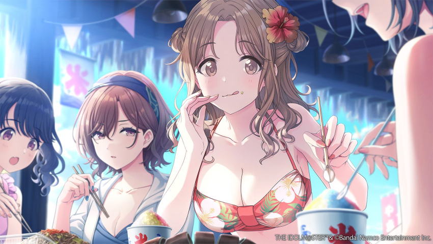 4girls asakura_toru blue_hair blush breasts brown_hair chopsticks cleavage collarbone commentary_request copyright_notice dark_blue_hair double_bun fingernails floral_print flower food food_on_face fukumaru_koito hair_bun hair_flower hair_ornament highres higuchi_madoka holding holding_chopsticks holding_straw ichikawa_hinana idolmaster idolmaster_shiny_colors idolmaster_shiny_colors_song_for_prism large_breasts medium_breasts mole mole_under_eye multiple_girls nail_polish noctchill_(idolmaster) official_art outdoors shaved_ice smile spoon_straw syrup tongue tongue_out upper_body yakisoba