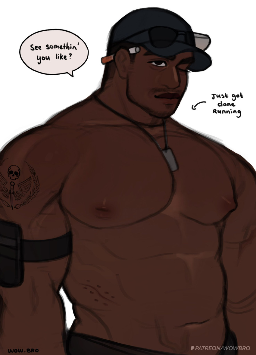 1boy abs alternate_pectoral_size bara baseball_cap beard_stubble black_hair call_of_duty call_of_duty:_modern_warfare_2 cowboy_shot dark-skinned_male dark_skin dog_tags facial_hair gaz_(call_of_duty_4) hat highres male_focus mature_male muscular muscular_male navel necklace_between_pecs nipples one_eye_closed short_hair solo stubble sunglasses topless_male veiny_crotch very_dark_skin wow9bro