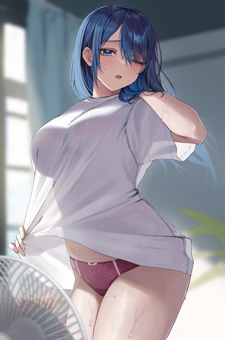 ;o absurdres blue_hair blurry blurry_background blush breasts commentary_request cowboy_shot curtains electric_fan female floral_print highres indoors kouhai-chan_(udon) large_breasts long_hair looking_at_viewer one_eye_closed open_mouth original panties purple_panties shirt short_sleeves solo sweat thighs udon_(udonalium) underwear white_shirt