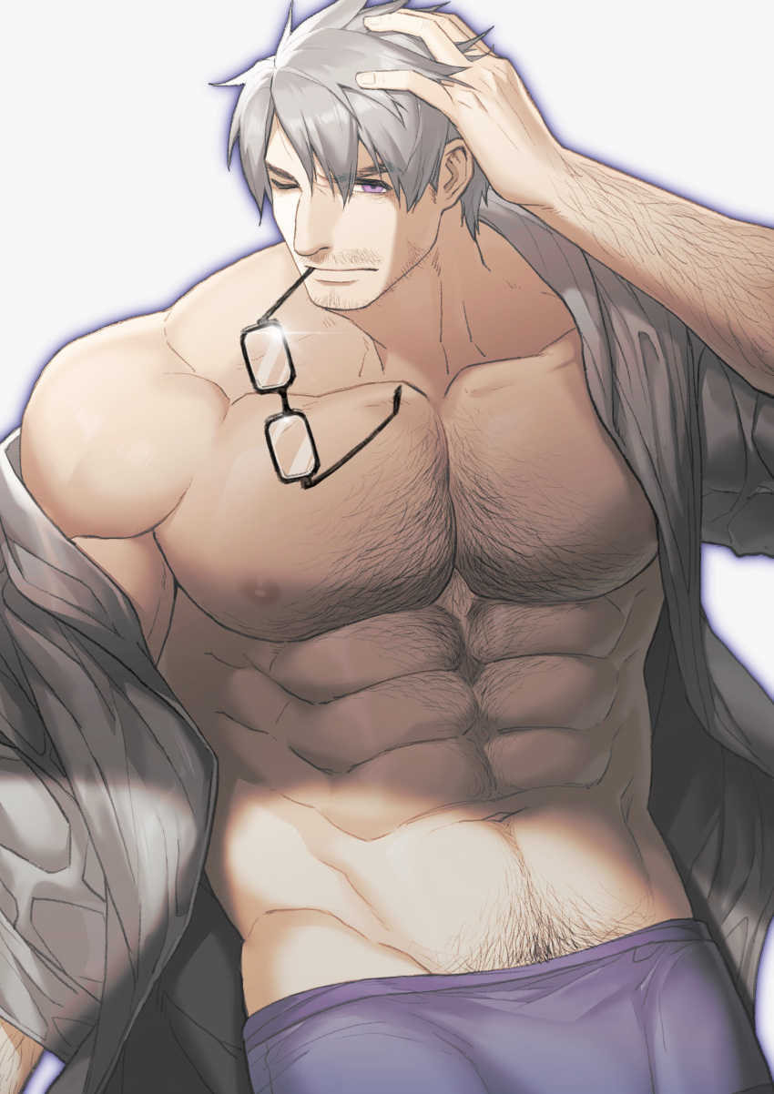 1boy abs absurdres bara beard_stubble blue_outline chest_hair closed_mouth eyewear_in_mouth facial_hair grey_hair grey_shirt groin hand_in_own_hair highres large_pectorals looking_at_viewer male_focus mature_male mouth_hold muscular muscular_male mustache_stubble navel navel_hair nipples one_eye_closed open_clothes open_shirt original outline pectorals purple_eyes shirt solo stubble upper_body white_background yutou_(zhuganchangjiadan) zhuganchangjiadan