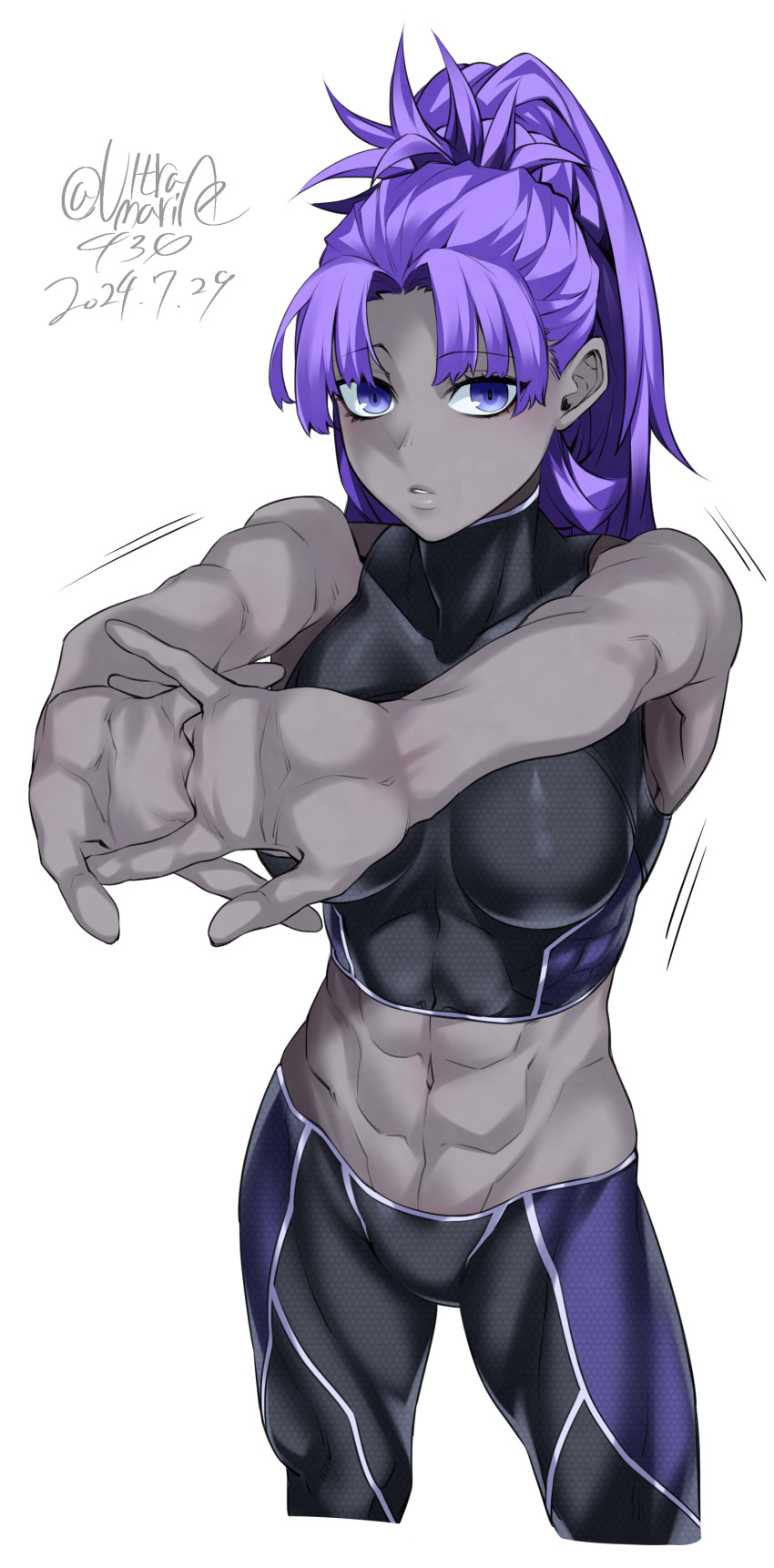 abs absurdres assassin_(fate/zero) barefoot blue_eyes breasts colored_skin dated fate/grand_order fate/zero fate_(series) female female_assassin_(fate/zero) grey_skin highres looking_at_viewer medium_breasts muscular muscular_female navel purple_hair shin_(ultramarine430) solo standing stretching white_background