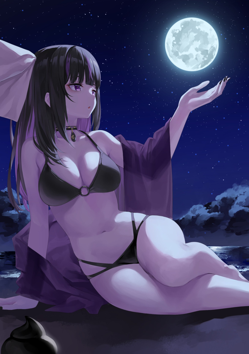 absurdres bare_shoulders bikini black_bikini black_hair black_nails breasts choker cleavage colored_inner_hair female highres indie_virtual_youtuber long_hair medium_breasts moon multicolored_hair nail_polish navel night night_sky parted_lips purple_eyes purple_hair ririsya rissenka sitting sky solo star_(sky) starry_sky stomach swimsuit virtual_youtuber