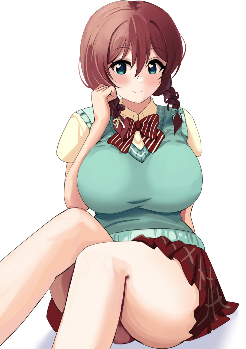 aqua_eyes arm_support blush braid breasts brown_hair closed_mouth collared_shirt commentary_request emma_verde female freckles green_sweater_vest hair_between_eyes hair_ribbon heart heart-shaped_pupils highres impossible_clothes large_breasts looking_at_viewer love_live! love_live!_nijigasaki_high_school_idol_club pisagi plaid_clothes plaid_skirt pleated_skirt red_skirt ribbon shirt simple_background sitting skirt smile solo sweater_vest symbol-shaped_pupils thighs twin_braids white_background yellow_shirt