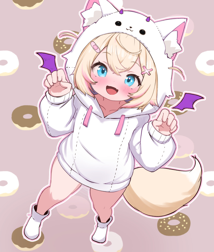 :d alternate_costume animal_ear_fluff bandaid bandaid_hair_ornament blonde_hair blue_eyes blush brown_background character_hood claw_pose detached_wings dog_girl dog_tail dutch_angle female food-themed_background from_above hair_ornament highres hololive hololive_english hood hood_up hooded_sweater kani_bonara long_sleeves looking_at_viewer mococo_abyssgard perroccino_(fuwamoco) smile solo sweater tail virtual_youtuber white_sweater wings x_hair_ornament