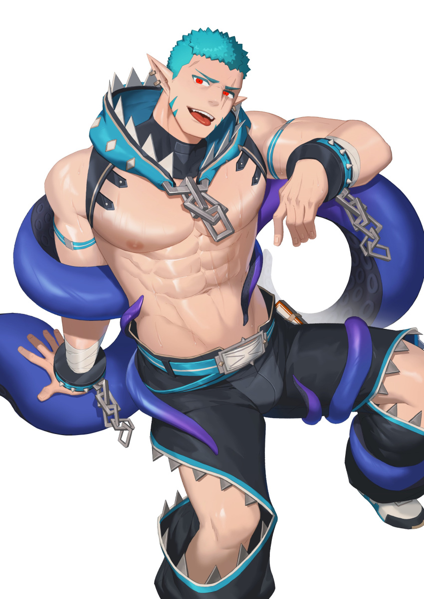 1boy abs absurdres aqua_armband aqua_belt aqua_hair bandaged_wrist bandages bara bare_pectorals bulge chains commentary detached_hood ear_piercing facial_hair head_tilt highres knee_cutout large_pectorals looking_at_viewer male_focus muscular muscular_male navel nipples open_mouth original pectorals piercing pointy_ears red_eyes scar scar_across_eye scar_on_face scar_on_forehead short_hair simple_background sleeveless solo symbol-only_commentary tentacle tentacles_on_male tongue tongue_out wet white_background wrist_cuffs yu_dan_(zhuganchangjiadan) zhuganchangjiadan