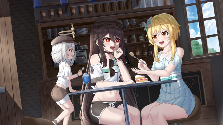 3girls :d absurdres black_hat black_shorts blonde_hair blue_skirt brown_eyes brown_hair brown_hat brown_shorts chinese_commentary clothing_cutout commentary_request crop_top genshin_impact hat highres hu_tao_(genshin_impact) indoors lumine_(genshin_impact) medium_hair midriff miniskirt multiple_girls navel off-shoulder_shirt off_shoulder open_mouth paimon_(genshin_impact) pleated_skirt red_eyes revision shirt short_shorts short_sleeves shorts shoulder_cutout skirt skym_(kumei) smile stomach table white_hair white_shirt window