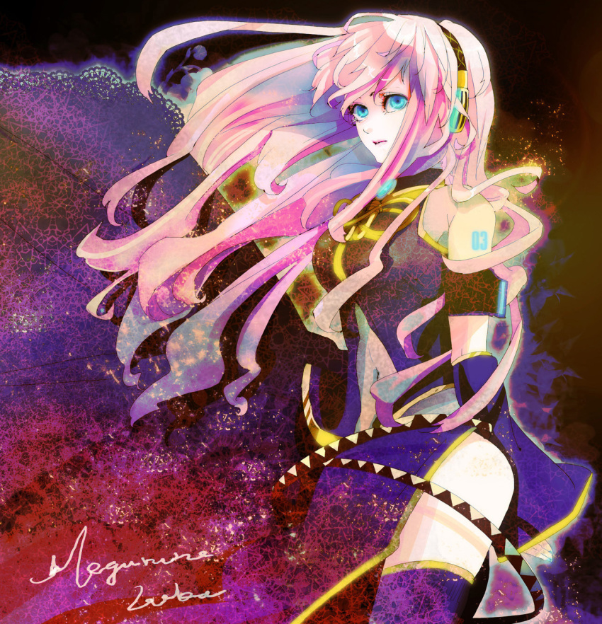 bad_id bad_pixiv_id blue_eyes detached_sleeves dress female headphones highres ihiro long_hair megurine_luka navel photoshop_(medium) pink_hair solo thighhighs vocaloid