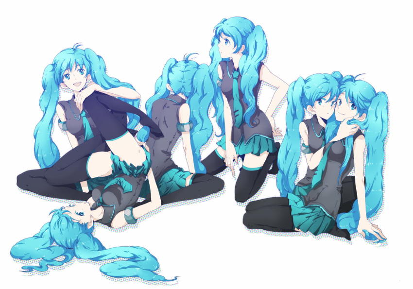 6+girls aqua_eyes aqua_hair bad_id bad_pixiv_id blue_eyes clone hatsune_miku long_hair moha multiple_girls necktie skirt smile thighhighs twintails very_long_hair vocaloid