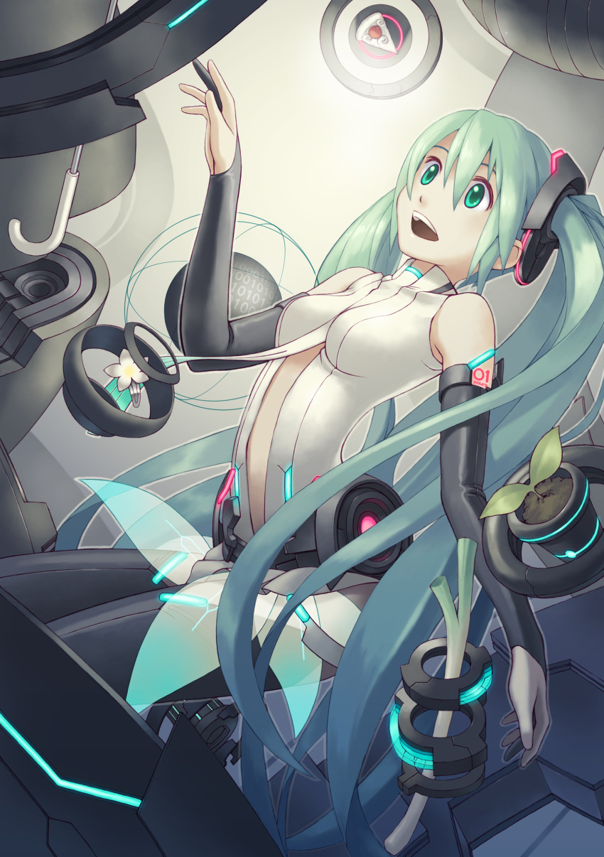 absurdres aqua_eyes aqua_hair belt bridal_gauntlets commentary_request elbow_gloves female fingerless_gloves furuu gloves hatsune_miku hatsune_miku_(append) highres long_hair necktie plant smile solo spring_onion twintails umbrella very_long_hair vocaloid vocaloid_append