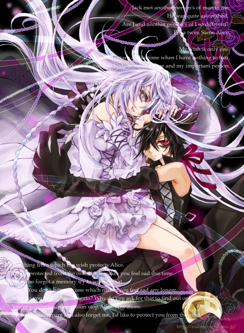 1boy animal_ears bell brown_hair chain_(pandora_hearts) cheshire_cat_(pandora_hearts) couple dress english_text engrish_text feline female flower hair_over_one_eye highres hug long_hair mikepi pandora_hearts ranguage red_eyes ribbon rose short_hair smile straight white_flower white_hair white_rose will_of_the_abyss