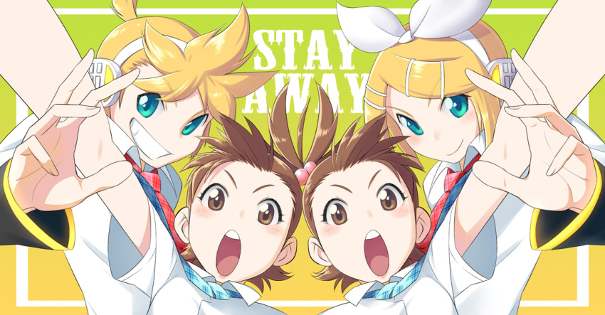 1boy 3girls blonde_hair blue_eyes brother_and_sister brown_eyes brown_hair commentary_request crossover detached_sleeves futami_ami futami_mami hair_bobbles hair_ornament hair_ribbon headphones idolmaster idolmaster_(classic) kagamine_len kagamine_rin multiple_girls necktie photoshop_(medium) ribbon sat_(yukipoha) school_uniform shimoda_asami short_hair siblings side_ponytail sisters twins vocaloid voice_actor_connection