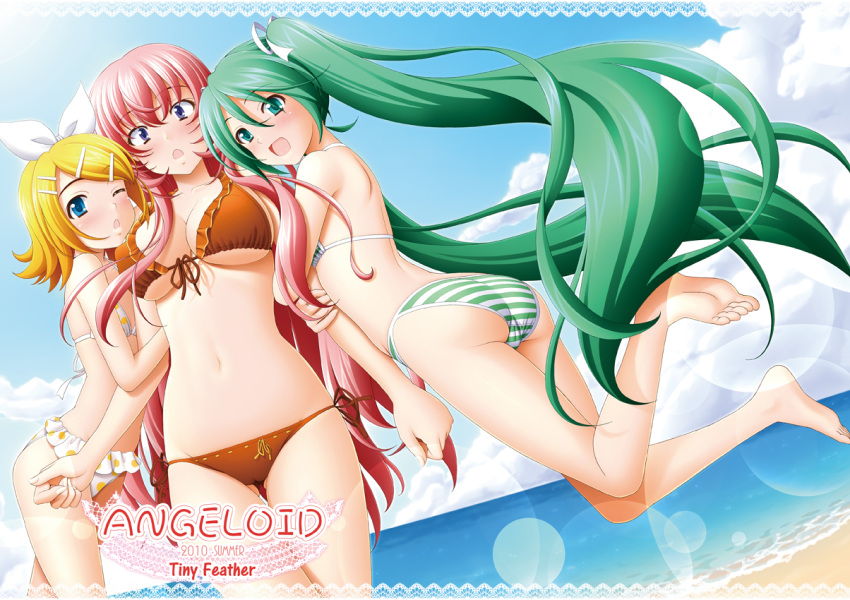 3girls arm_hug ass barefoot beach bikini blonde_hair blue_eyes breasts cleavage commentary_request day feet green_eyes green_hair hair_ornament hair_ribbon hairclip hatsune_miku hug kagamine_rin large_breasts legs long_hair md5_mismatch megurine_luka multiple_girls one_eye_closed photoshop_(medium) pink_hair polka_dot polka_dot_bikini polka_dot_swimsuit project_diva project_diva_(series) resolution_mismatch ribbon side-tie_bikini_bottom sin-go smile source_larger striped_bikini striped_clothes swimsuit swimwear_(module) twintails underboob very_long_hair vocaloid