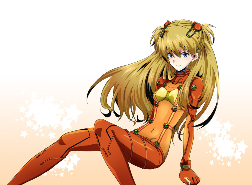 arm_support bad_id bad_pixiv_id blue_eyes bodysuit brown_hair evangelion:_2.0_you_can_(not)_advance female kuroki_natsu long_hair multicolored_bodysuit multicolored_clothes neon_genesis_evangelion orange_bodysuit plugsuit rebuild_of_evangelion red_bodysuit sitting smile solo souryuu_asuka_langley test_plugsuit