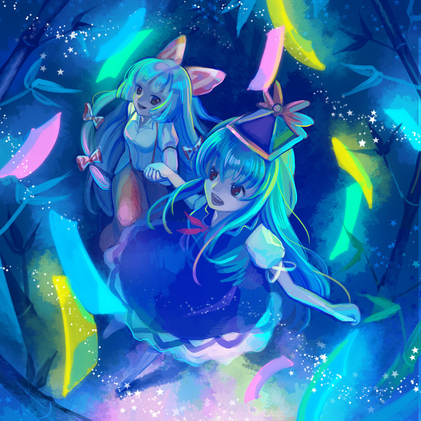 2girls bamboo bamboo_forest blue_hair bow commentary_request forest fujiwara_no_mokou glowing hairbow hat highres holding_hands jino kamishirasawa_keine long_hair multiple_girls nature night red_eyes star_(symbol) tanabata touhou very_long_hair white_hair