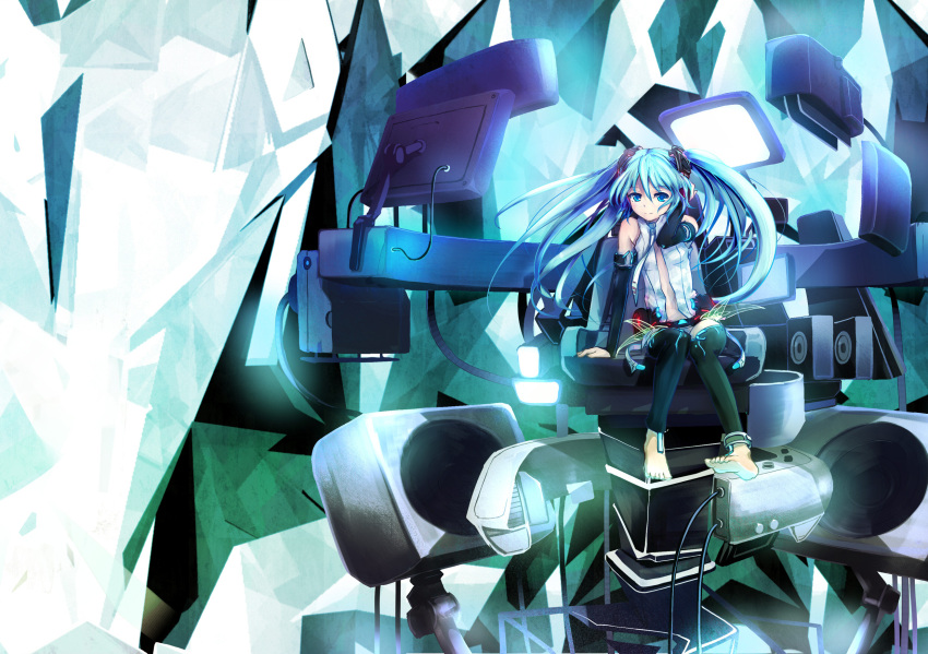 arm_support barefoot blue_eyes blue_hair bridal_gauntlets chair commentary female hatsune_miku hatsune_miku_(append) highres hoippu long_hair monitor necktie sitting smile solo speaker thighhighs twintails vocaloid vocaloid_append