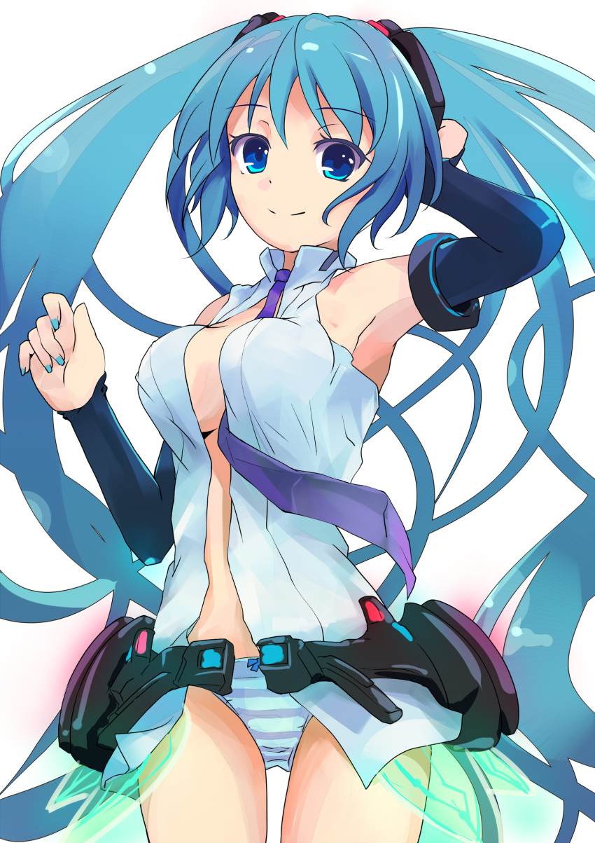 absurdres aqua_eyes aqua_hair armpits belt bridal_gauntlets commentary elbow_gloves female fingerless_gloves gloves hands hatsune_miku hatsune_miku_(append) highres hoippu long_hair navel necktie panties simple_background smile solo striped_clothes striped_panties twintails underwear very_long_hair vocaloid vocaloid_append