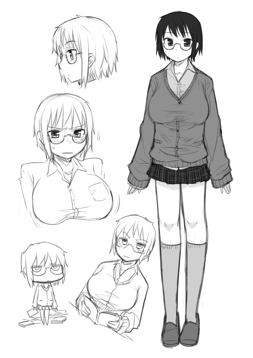 :3 absurdres blush blush_stickers book breasts cardigan copyright_request female glasses greyscale highres kneehighs large_breasts monochrome mukoujima_tenro photoshop_(medium) plaid plaid_skirt skirt socks