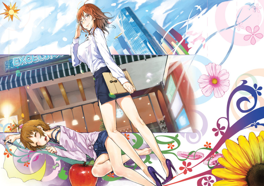 2girls apple barefoot bird breasts brown_eyes brown_hair building cloud day denim denim_shorts flower food fruit glasses hair_bobbles hair_ornament high_heels ken-1 large_breasts legs looking_back lying miniskirt multiple_girls on_side open_mouth original pen photoshop_(medium) ponytail saliva shirt shoes short_hair shorts side_ponytail skirt sky sleeping smile standing sunflower white_shirt