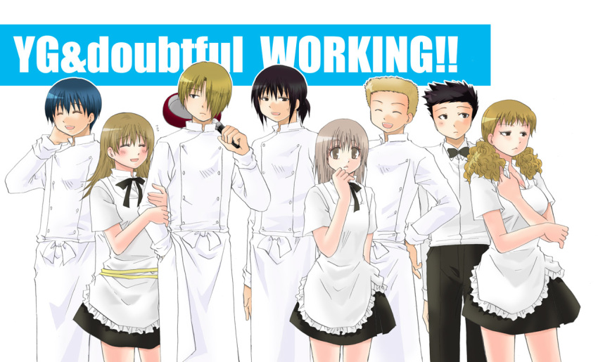 3girls 5boys adachi_masahiro apron black_hair blonde_hair blue_hair bow bowtie chef crossover frying_pan kondou_kisaki kouno_takuya multiple_boys multiple_girls muranushi_sayuri official_art saiki_kouki satou_jun skirt souma_hiroomi takatsu_karino todoroki_yachiyo waiter waitress working!! working!!_(web_manga)