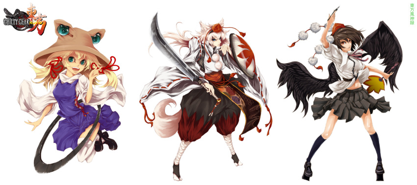 3girls animal_ears axl_low black_wings blonde_hair blue_eyes bridget brown_hair chipp_zanuff commentary_request detached_sleeves geta guilty_gear guilty_gear_xx hand_fan hat highres inubashiri_momiji moriya_suwako multiple_girls parody photoshop_(medium) pyonta red_eyes shameimaru_aya shield short_hair style_parody sword tail tengu-geta thighhighs tokin_hat touhou weapon white_hair wings wolf_ears wolf_tail yuukou