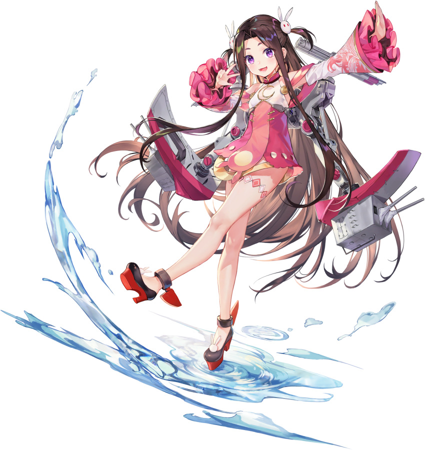 artist_request bare_legs blue_oath blush brown_hair crescent crescent_cutout detached_sleeves dress female frilled_sleeves frills full_body hair_ornament high_heels highres leg_up long_hair long_sleeves ning_hai_(blue_oath) oerba_yun_fang official_art open_mouth pink_dress purple_eyes rabbit_hair_ornament rigging rudder_footwear short_dress sidelocks solo thigh_strap transparent_background two_side_up w water