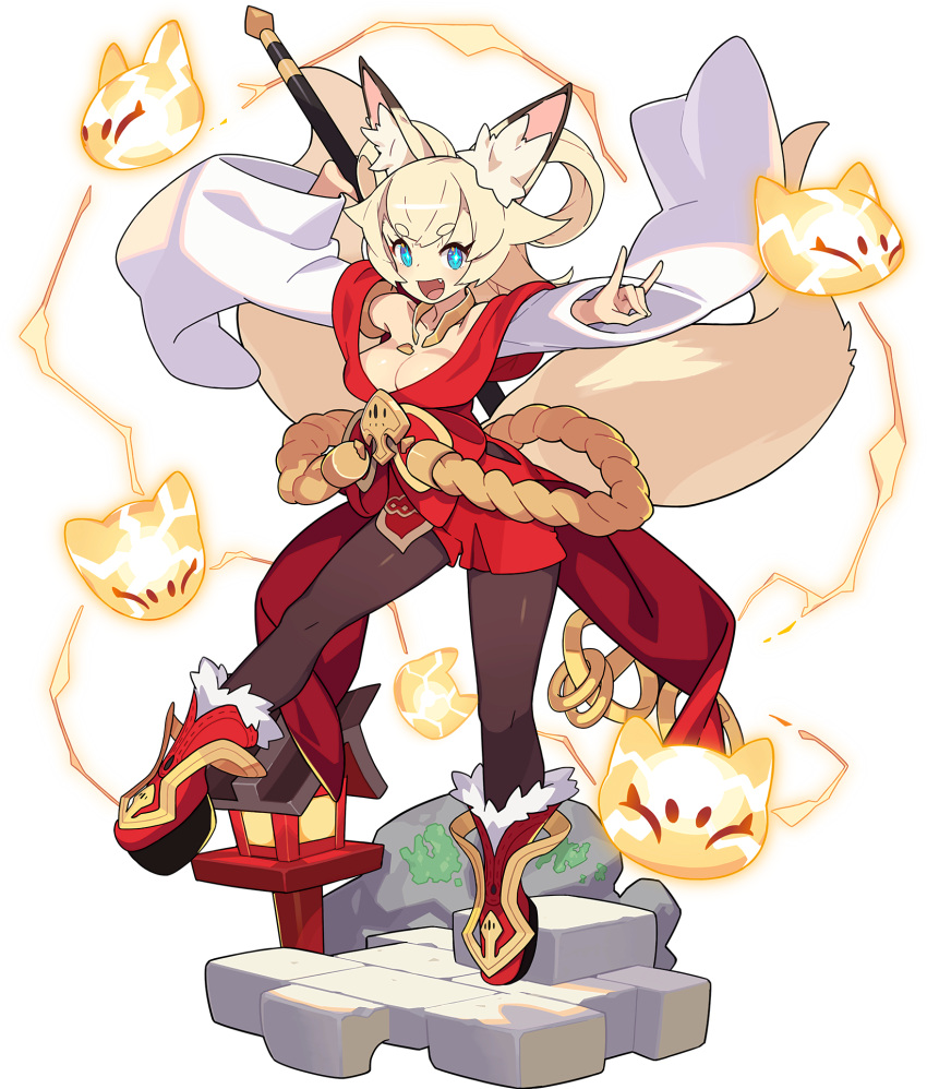 +_+ ^_^ ahoge animal_ear_fluff animal_ears arms_up artist_request bare_shoulders black_pantyhose blonde_hair blue_eyes blush breasts cleavage closed_eyes collarbone crossed_bangs electricity female fox_ears fox_girl fox_shadow_puppet fox_tail full_body fur-trimmed_footwear fur_trim hair_rings happy heart heart_necklace highres holding holding_staff inaho_(world_flipper) jewelry lantern leg_up long_hair long_sleeves looking_at_viewer medium_breasts moss multiple_tails necklace non-web_source oerba_yun_fang official_art open_mouth outstretched_arm pantyhose platform_footwear red_footwear rock rope shimenawa shiny_skin shoes sidelocks smile solo staff standing standing_on_one_leg tail thick_eyebrows tiptoes transparent_background two_tails white_sleeves wide_sleeves wooden_lantern world_flipper