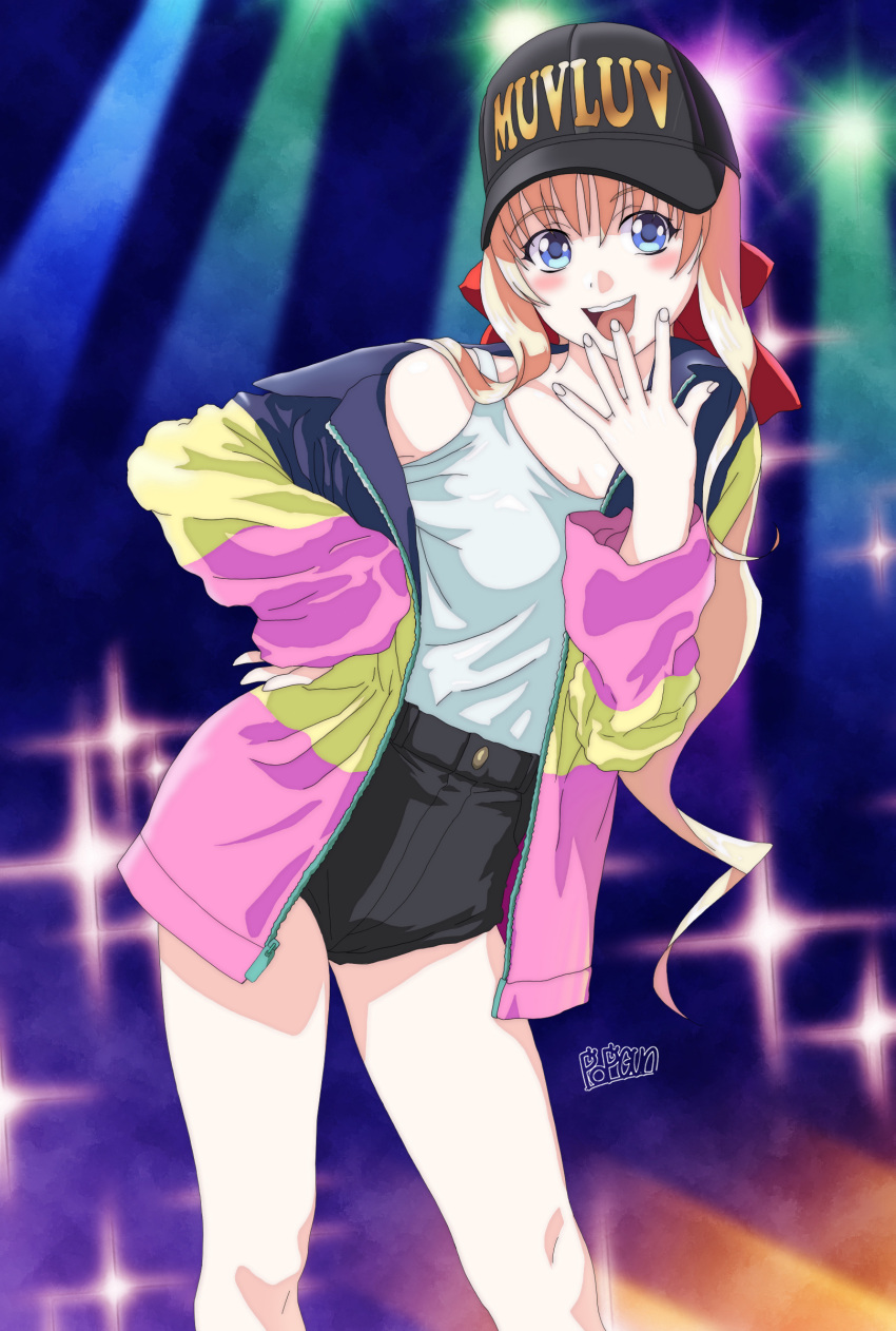 absurdres artist_name baseball_cap black_hat black_shorts blue_eyes blush bow breasts cosplay female green_jacket hairbow hat highres ilfriede_von_feulner jacket leaning_to_the_side long_hair looking_at_viewer medium_breasts multicolored_clothes multicolored_jacket muv-luv muv-luv_alternative open_hand open_mouth paripi_koumei pink_jacket popgun_(22882502) red_bow shorts smile solo sparkle tank_top the_euro_front tsukimi_eiko tsukimi_eiko_(cosplay) white_tank_top