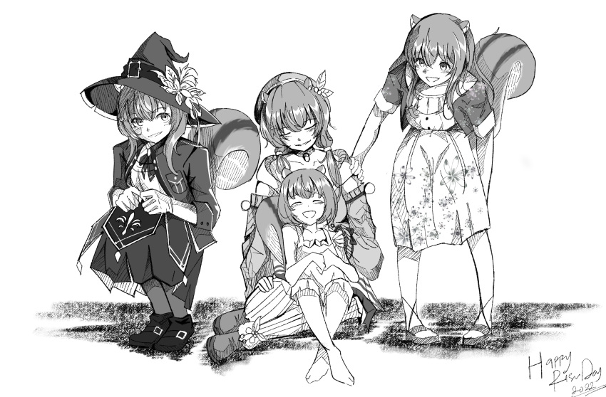 4girls ^_^ absurdres aged_down animal_ears ayunda_risu ayunda_risu_(1st_costume) ayunda_risu_(3rd_costume) ayunda_risu_(indonesian_casual) barefoot beret closed_eyes dress full_body greyscale hat highres hololive hololive_indonesia jacket monochrome multiple_girls multiple_persona off_shoulder pantyhose raikkonen sitting smile squirrel_ears squirrel_girl squirrel_tail tail tube_socks virtual_youtuber white_background witch_hat