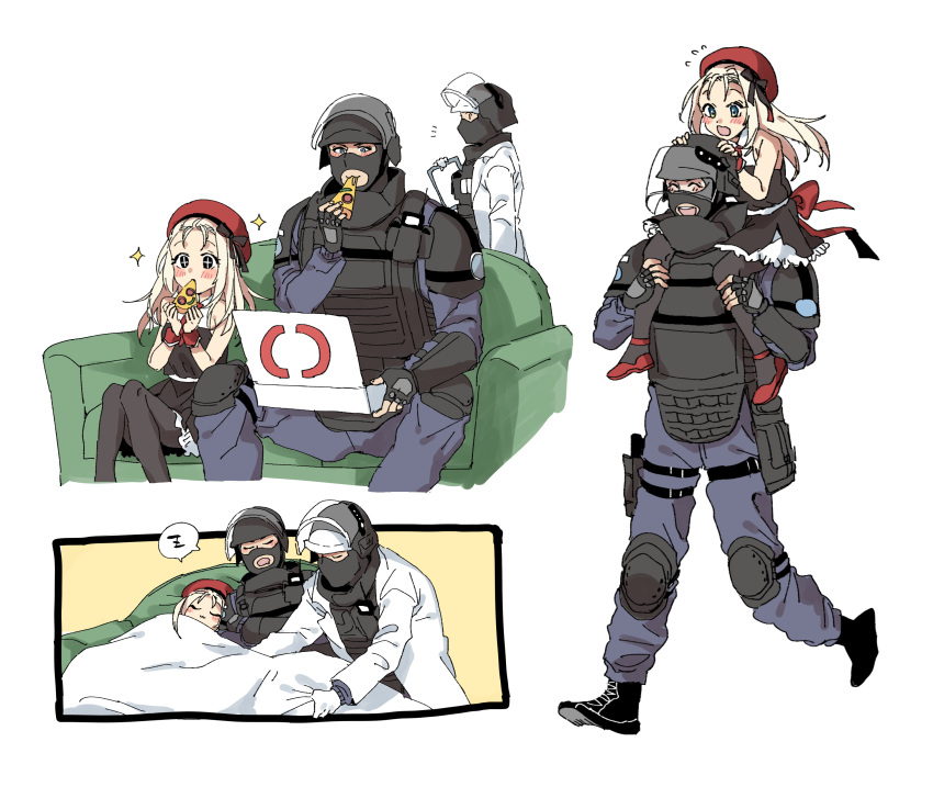 2boys absurdres beret black_pantyhose blush carrying closed_eyes coach commentary_request crossover doc_(rainbow_six_siege) dress duplicate eating female food girls'_frontline gloves hat helmet highres lab_coat long_hair long_sleeves military_operator mp5_(girls'_frontline) multiple_boys open_mouth pantyhose pixel-perfect_duplicate pizza pizza_box pizza_slice rainbow_six_siege red_headwear rook_(rainbow_six_siege) sanso_(kasyawamoti) shoulder_carry simple_background sitting sleeping sleeveless sleeveless_dress spoken_zzz walking white_background white_gloves zzz