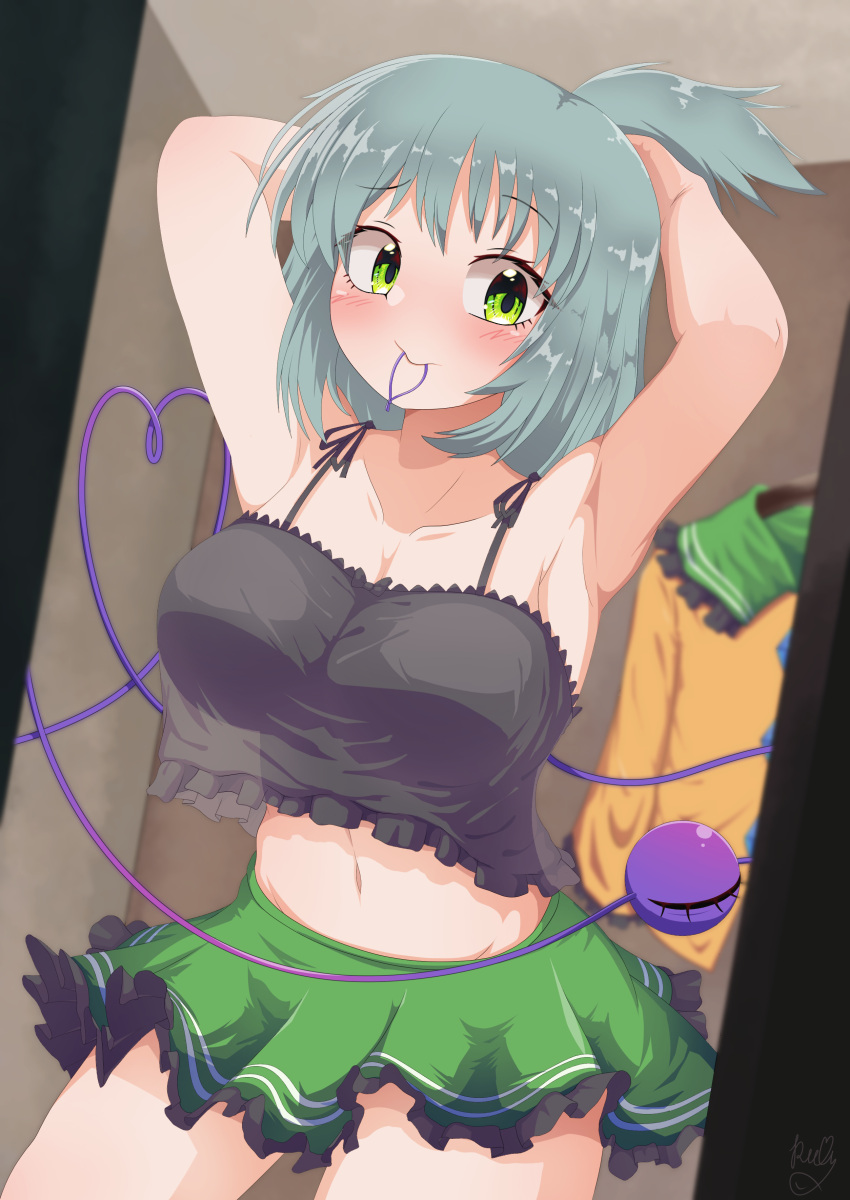 absurdres adjusting_hair armpits blush breasts contrapposto cowboy_shot female green_eyes green_hair heart heart_of_string highres indoors komeiji_koishi looking_at_viewer medium_breasts midriff mouth_hold polyhedron2 short_hair skirt solo third_eye touhou unworn_clothes