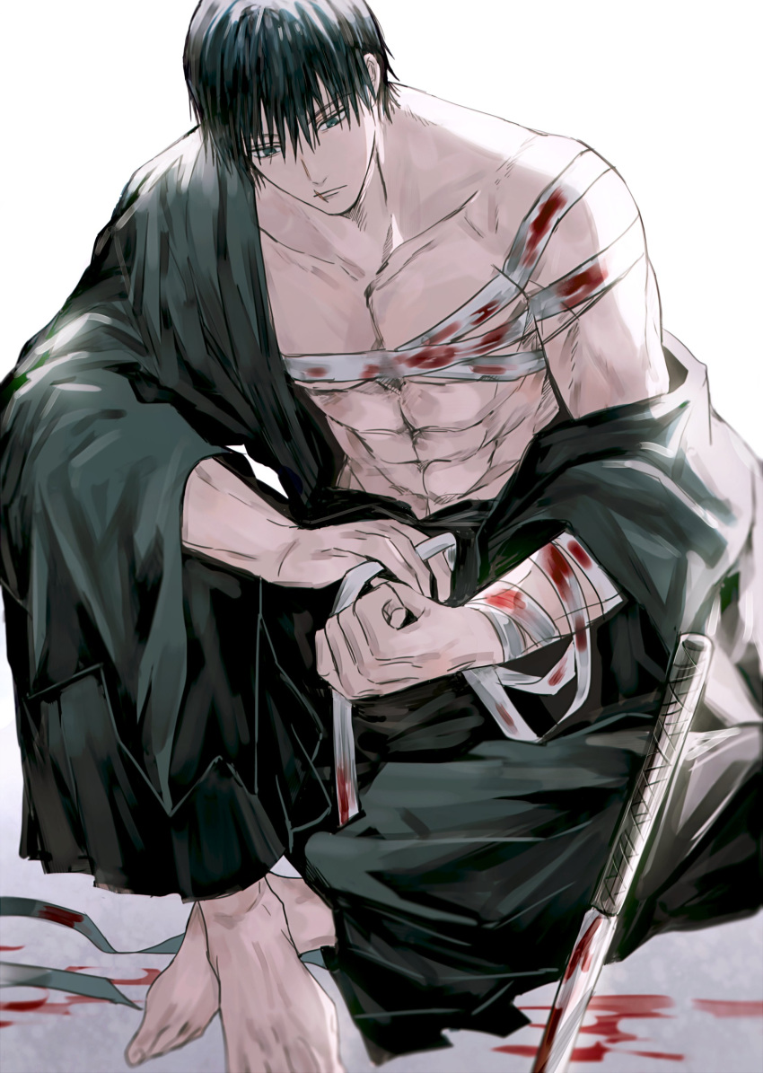 1boy abs absurdres bandages black_eyes black_hair black_kimono blood collarbone crossed_legs full_body fushiguro_touji highres japanese_clothes jujutsu_kaisen kimono long_sleeves looking_down male_focus muscular muscular_male scar scar_on_face short_hair simple_background sitting solo topless_male weapon white_background yoon_(dmsco1803)