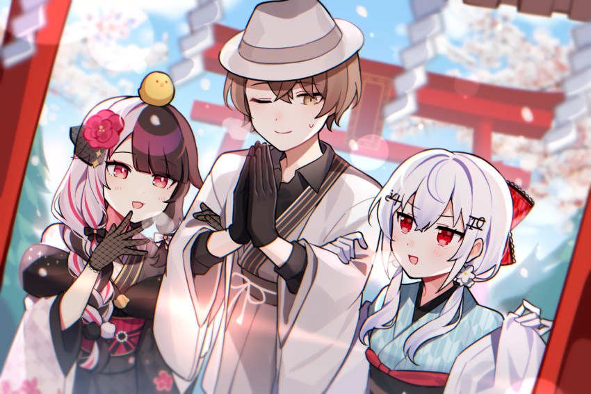 1boy 2girls black_gloves black_hair braid brown_eyes brown_hair commentary_request fedora gloves grey_hair hakase_fuyuki hat japanese_clothes kagami_hayato kimono long_hair low_twintails multicolored_hair multiple_girls new_year nijisanji outdoors pink_eyes red_eyes smc-gumi_(nijisanji) smile split-color_hair streaked_hair twin_braids twintails two-tone_hair virtual_youtuber waka_(wk4444) yorumi_rena