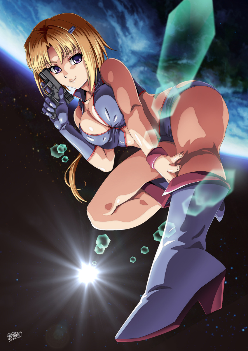 absurdres blonde_hair boots bracelet breasts cleavage cosplay crop_top dirty_pair earth_(planet) elbow_gloves ellen_aice female flying glock gloves grey_shorts gun handgun high_heel_boots high_heels highres holding holding_gun holding_weapon jewelry kei_(dirty_pair) kei_(dirty_pair)_(cosplay) lens_flare long_hair medium_breasts muv-luv muv-luv_unlimited:_the_day_after parted_bangs planet popgun_(22882502) purple_eyes shorts single_glove smile solo space weapon