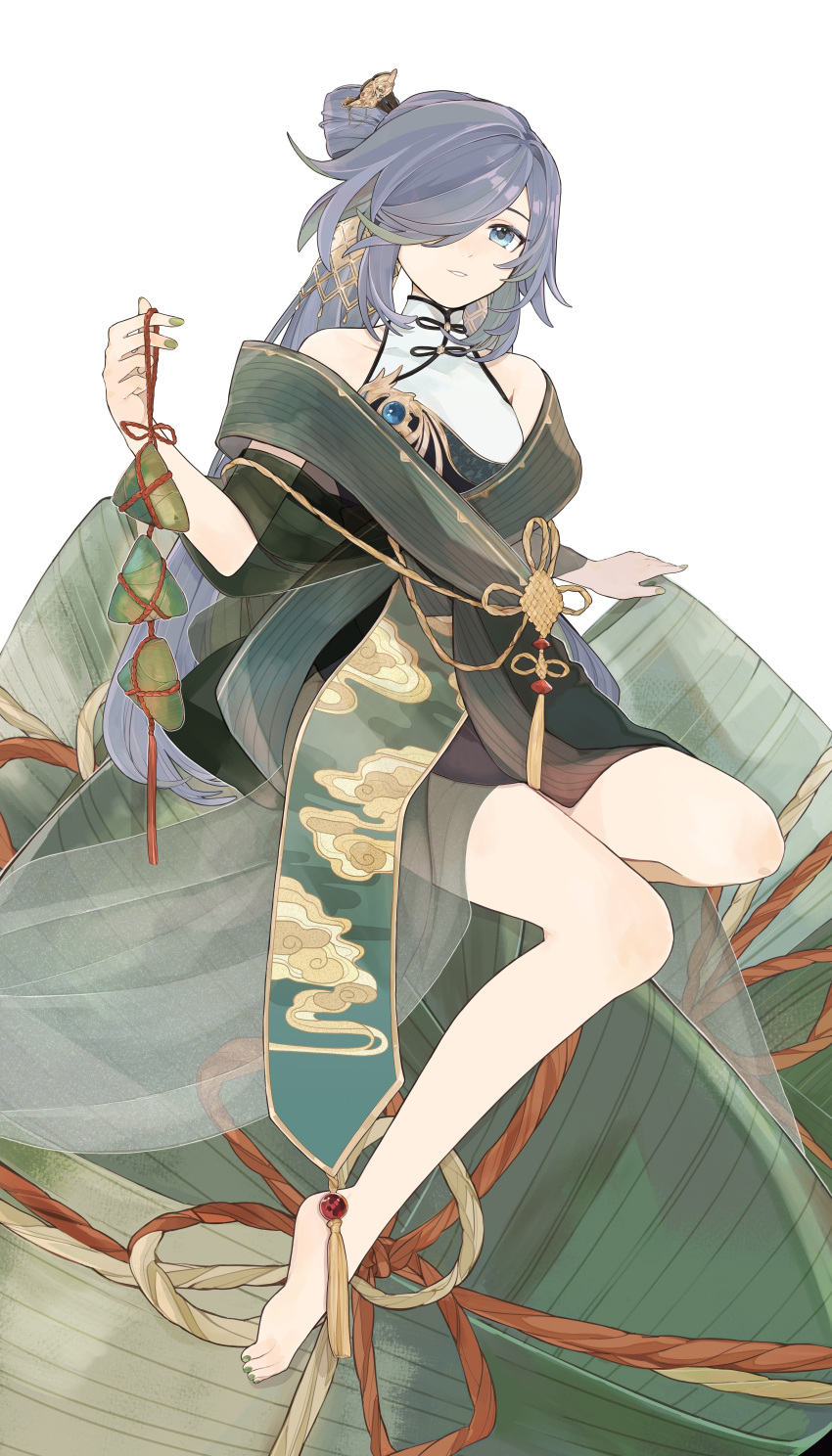 absurdres bangs bare_shoulders barefoot black_hair blue_eyes china_dress chinese_clothes dress female food fu_hua fu_hua_(azure_empyrea) full_body green_nails hair_ornament hair_over_one_eye highres holding holding_food honkai_(series) honkai_impact_3rd legs long_hair looking_at_viewer mogomaco nail_polish official_art ponytail simple_background sitting smile teeth thighs white_background