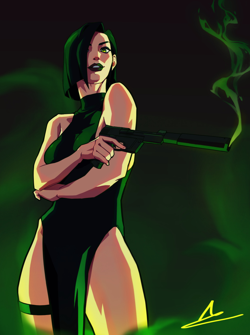 absurdres black_dress black_hair black_lips borrowed_design breasts colored_smoke cowboy_shot crossed_arms dress english_commentary female green_eyes green_theme gun hair_over_one_eye handgun highleg highleg_dress highres holding holding_gun holding_weapon kenji_uz lipstick looking_at_viewer makeup medium_breasts pelvic_curtain short_hair sleeveless sleeveless_dress smoke smoking_barrel solo standing suppressor thigh_strap trigger_discipline valorant viper_(valorant) weapon