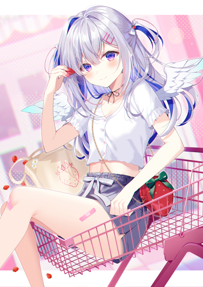 alternate_costume amane_kanata arm_up asymmetrical_bangs bag bandaid bandaid_on_leg blue_hair blue_wings blush bow breasts cleavage closed_mouth collarbone colored_inner_hair commentary_request crop_top feathered_wings feet_out_of_frame female food food-themed_bag fruit gradient_wings grey_hair grey_shorts hair_intakes hair_ornament hair_over_one_eye hairbow hairclip highres holding holding_food hololive in_shopping_cart long_hair midriff multicolored_hair multicolored_wings myusha nail_polish navel official_alternate_hair_length official_alternate_hairstyle pink_nails purple_eyes shirt shopping_cart short_shorts short_sleeves shorts shoulder_bag single_hair_intake small_breasts smile solo strawberry strawberry_bag streaked_hair two-tone_hair two_side_up virtual_youtuber white_bow white_shirt white_wings wings