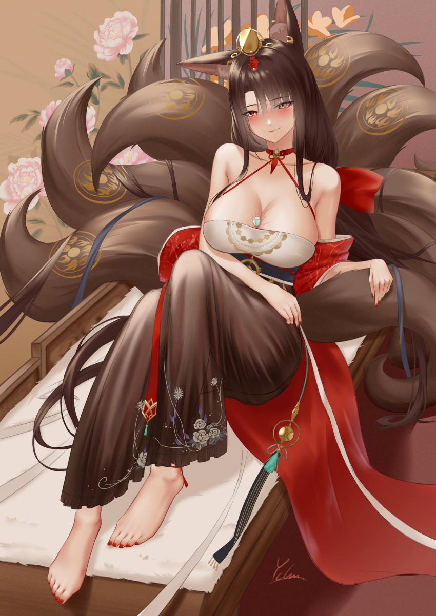 absurdres akagi_(azur_lane) akagi_(dawn_phoenix's_summons)_(azur_lane) animal_ears artist_name azur_lane bare_shoulders barefoot blush breasts brown_hair china_dress chinese_clothes cleavage closed_mouth collarbone dress female fox_ears fox_tail full_body hair_between_eyes hair_ornament hanfu highres ichikushi_mojibake large_breasts lips long_hair looking_at_viewer nail_polish official_alternate_costume orange_eyes red_nails sitting smile solo tail toenail_polish toenails toes