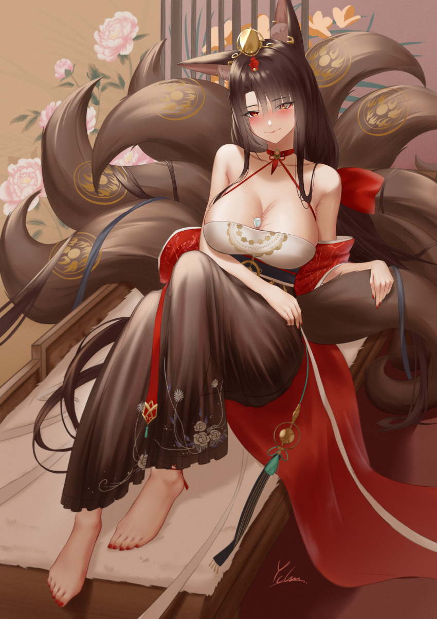 absurdres akagi_(azur_lane) akagi_(dawn_phoenix's_summons)_(azur_lane) animal_ears artist_name azur_lane bare_shoulders barefoot blush breasts brown_hair china_dress chinese_clothes cleavage closed_mouth collarbone dress female fox_ears fox_tail full_body hair_between_eyes hair_ornament hanfu highres ichikushi_mojibake large_breasts lips long_hair looking_at_viewer nail_polish official_alternate_costume orange_eyes red_nails shadow sitting smile solo tail toenail_polish toenails toes