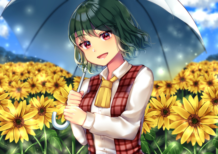 arms_up ascot bad_id bad_pixiv_id blue_sky cloud commentary_request day female field flower flower_field garden_of_the_sun green_hair head_tilt holding holding_umbrella kazami_yuuka leaf light_particles long_sleeves looking_at_viewer maitacoco open_clothes open_mouth open_vest outdoors plaid plaid_vest red_eyes shirt short_hair sky solo standing sunflower sunflower_field touhou umbrella upper_body vest white_shirt yellow_ascot