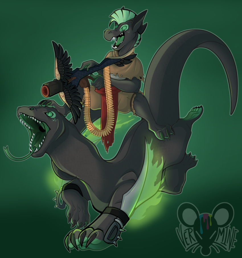 3_toes 4_fingers anthro black_body blade bottomwear charging chest_wraps claws clothing crossbow digital_media_(artwork) dungeons_and_dragons duo elemental_manipulation fangs feet feral fingers fire forked_tongue freckles green_eyes green_flames green_hair green_sclera green_tongue grin gun hair handgun hasbro hi_res holding_object holding_weapon horn kobold komodo_dragon lizard magazine_(gun) male melee_weapon mohawk monitor_lizard open_mouth open_smile oversized_clothing poncho ranged_weapon reptile riding running sash scalie simple_background smile solo standing standing_on_another sword tail teeth toes tongue tongue_out topwear torn_clothing vermine weapon wizards_of_the_coast wraps