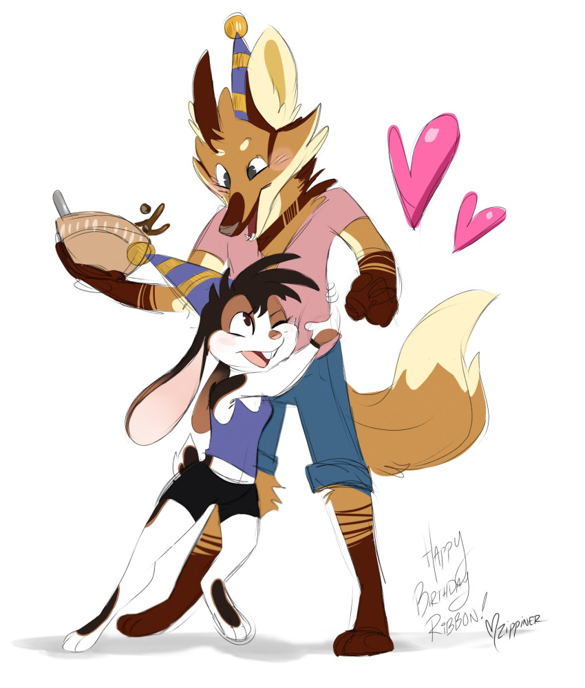 2022 anthro bottomwear brown_body brown_fur canid clothing duo female fur heart_symbol hi_res hug lagomorph leporid male mammal midriff one_eye_closed open_mouth open_smile rabbit shirt shorts signature simple_background smile smores_(ribbontini) tank_top topwear vulpesvant_(character) white_background white_body white_fur zippiner