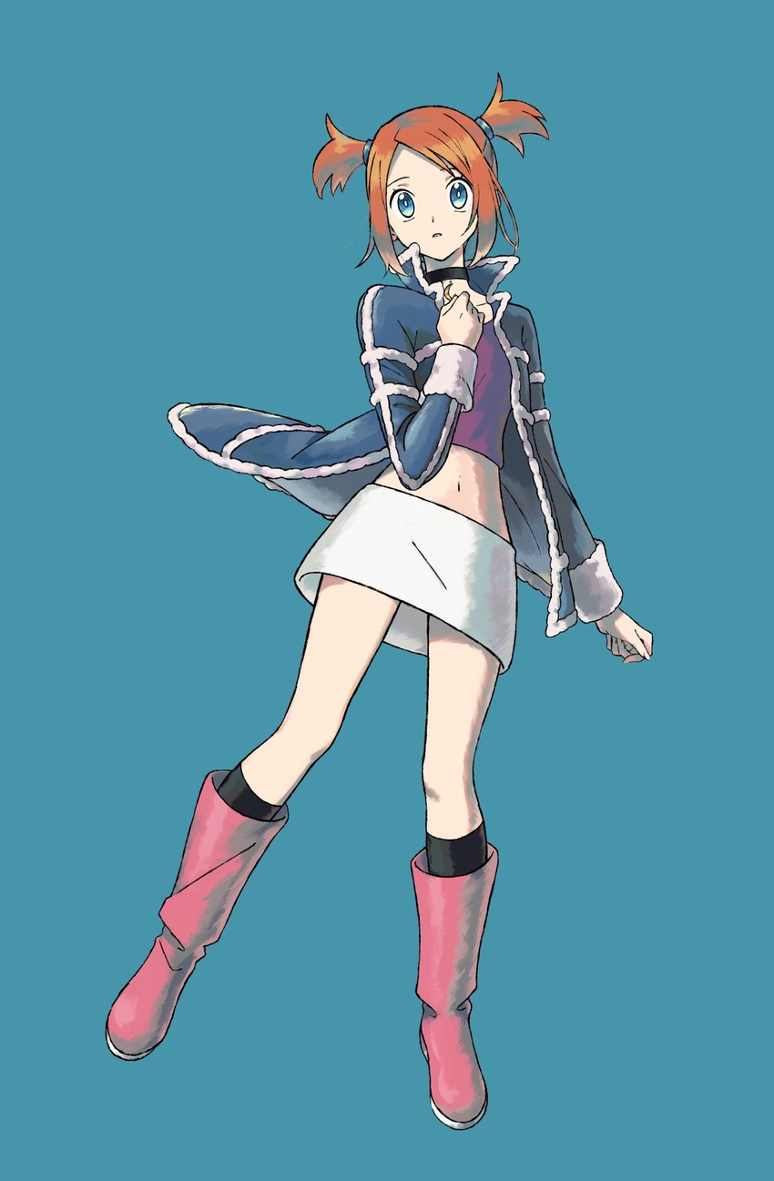 aqua_background black_choker black_socks blue_eyes blue_jacket boots choker commentary_request crop_top eyelashes female full_body hand_up highres ittumozzz jacket legs_apart long_sleeves navel open_clothes open_jacket orange_hair pink_footwear pokemon pokemon_colosseum purple_shirt rui_(pokemon) shirt short_hair simple_background skirt socks solo two_side_up white_skirt