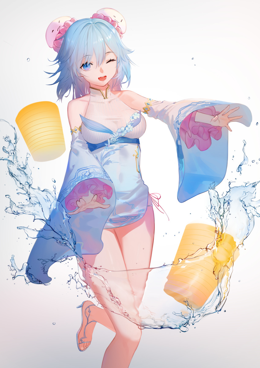 absurdres bare_arms bare_legs bare_shoulders blue_eyes blue_hair commentary_request double_bun dress feet female hair_bun haiyi halter_dress halterneck highres jellyfish_hair_ornament leiq one_eye_closed sandals short_hair synthesizer_v